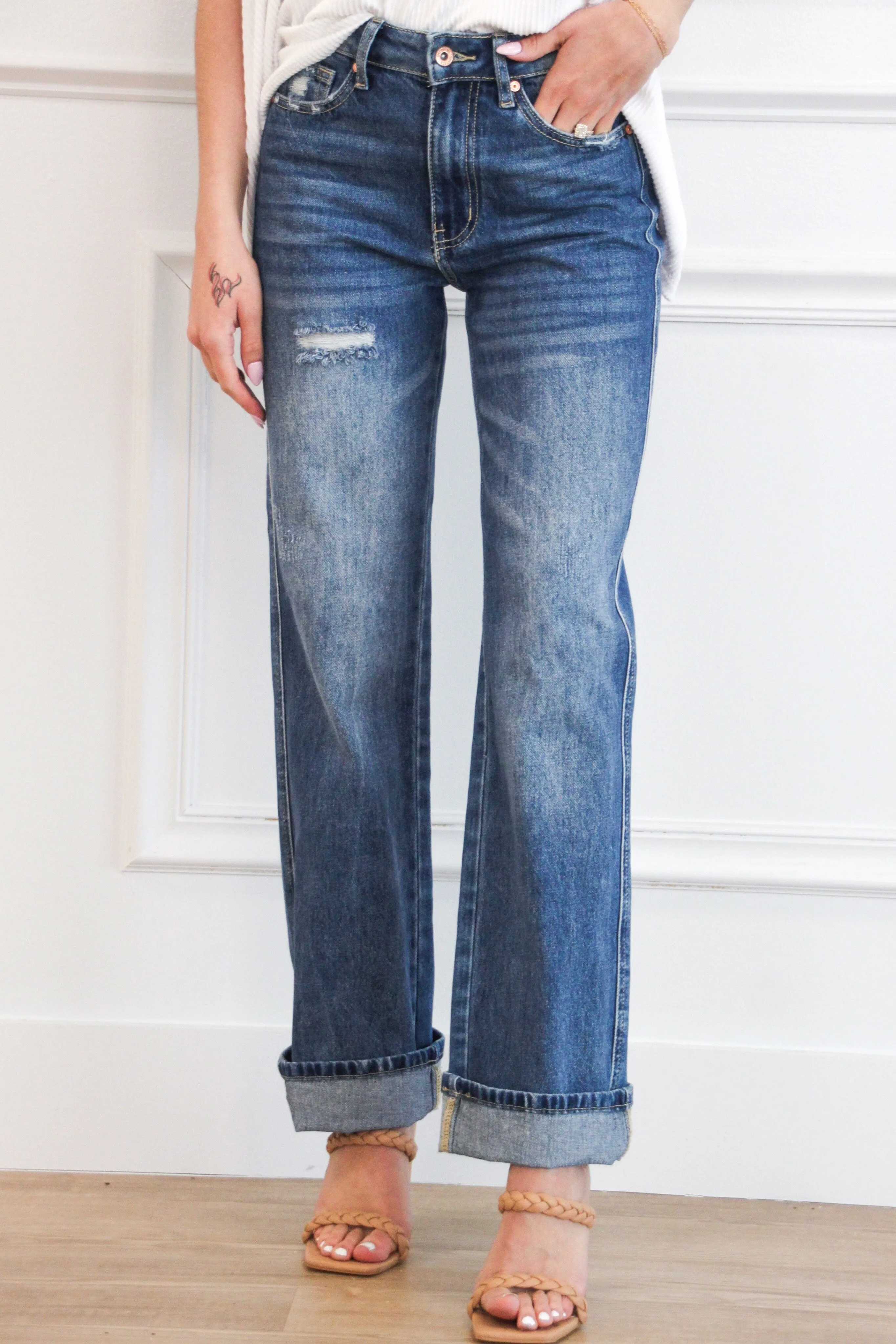 Avani High Waisted Cuffed Denim: Medium Wash