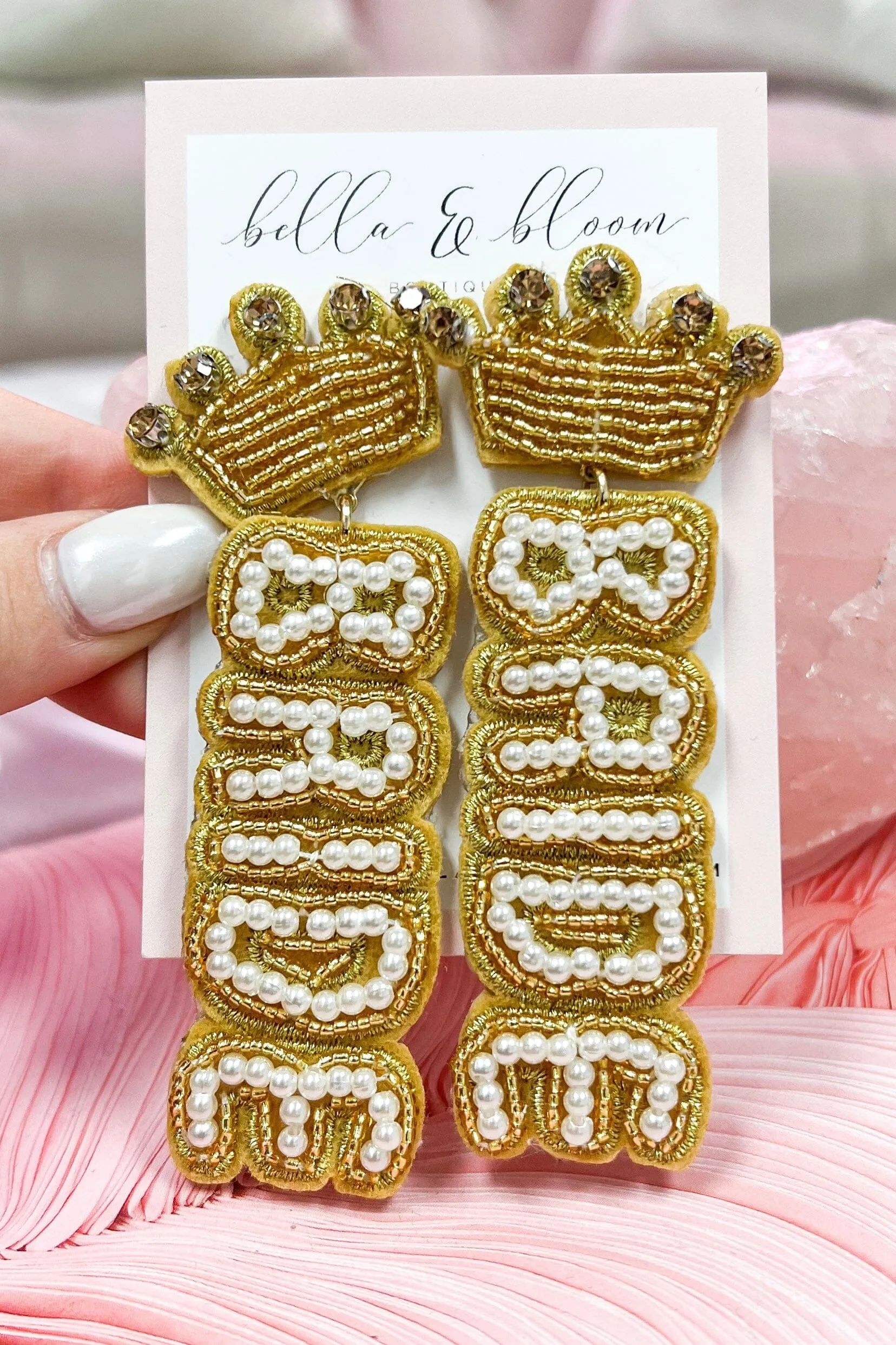 Beaded Crown Bride Statement Earrings: Gold