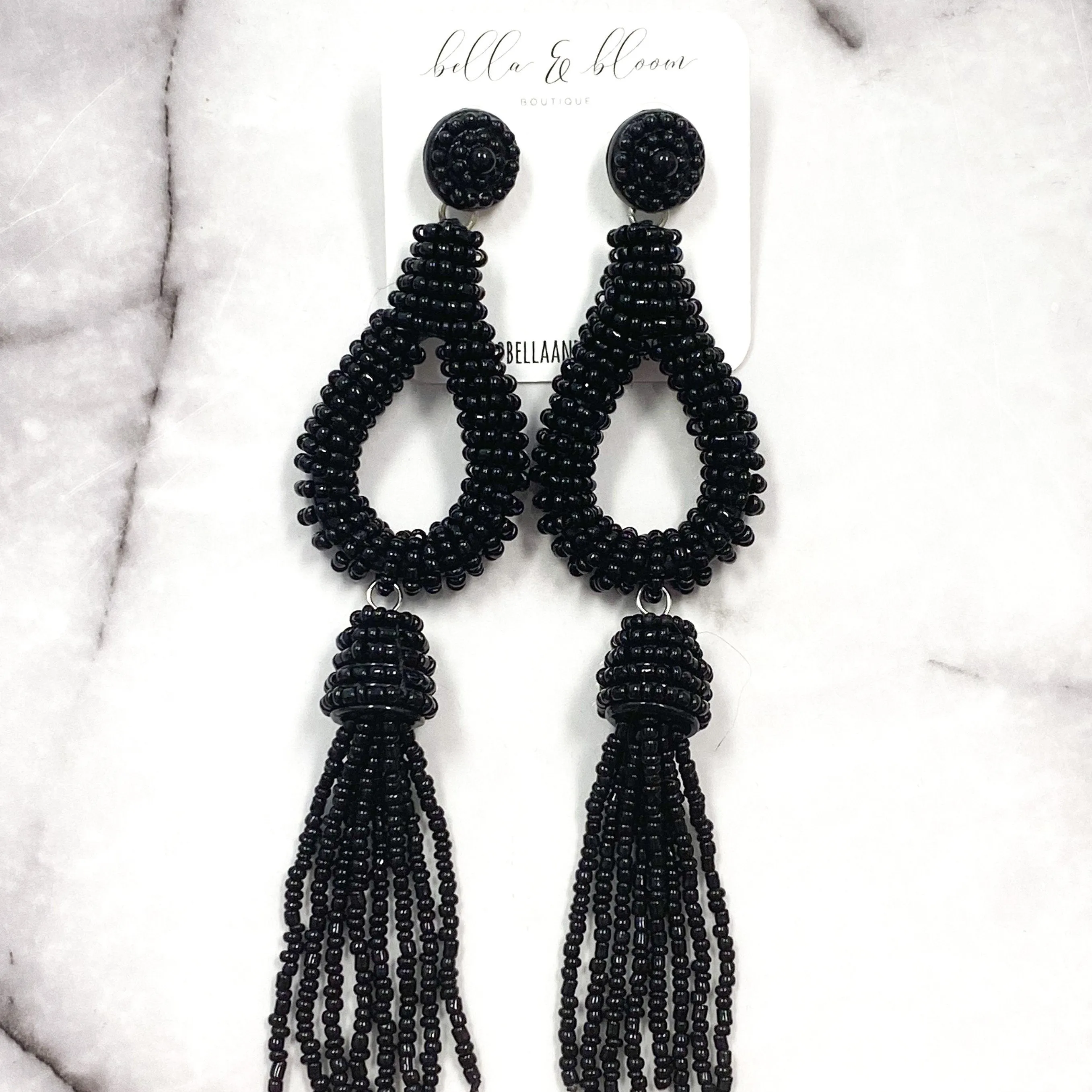 Beaded Teardrop Tassel Earrings: Black