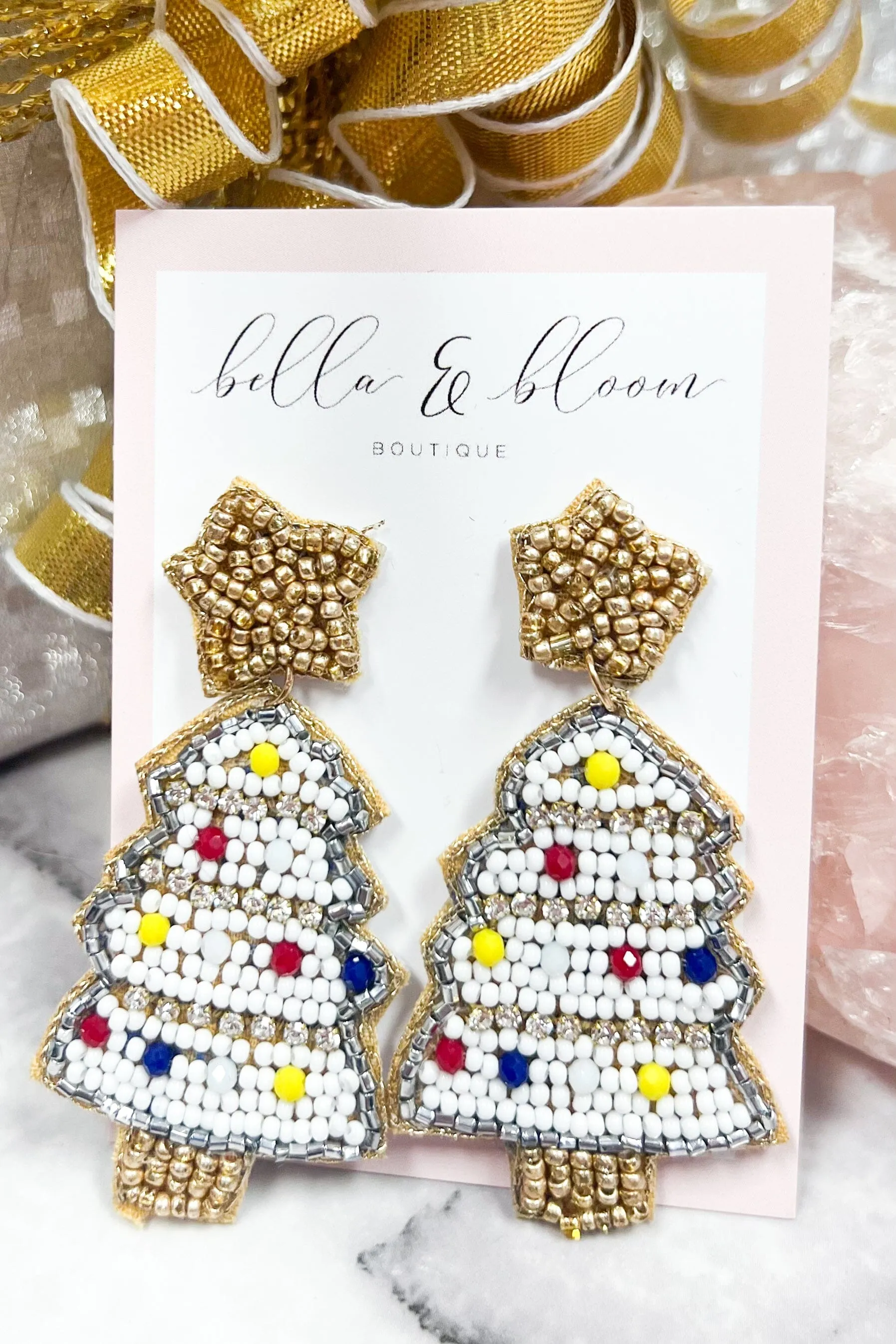 Christmas Tree Beaded Holiday Earrings: White Multi
