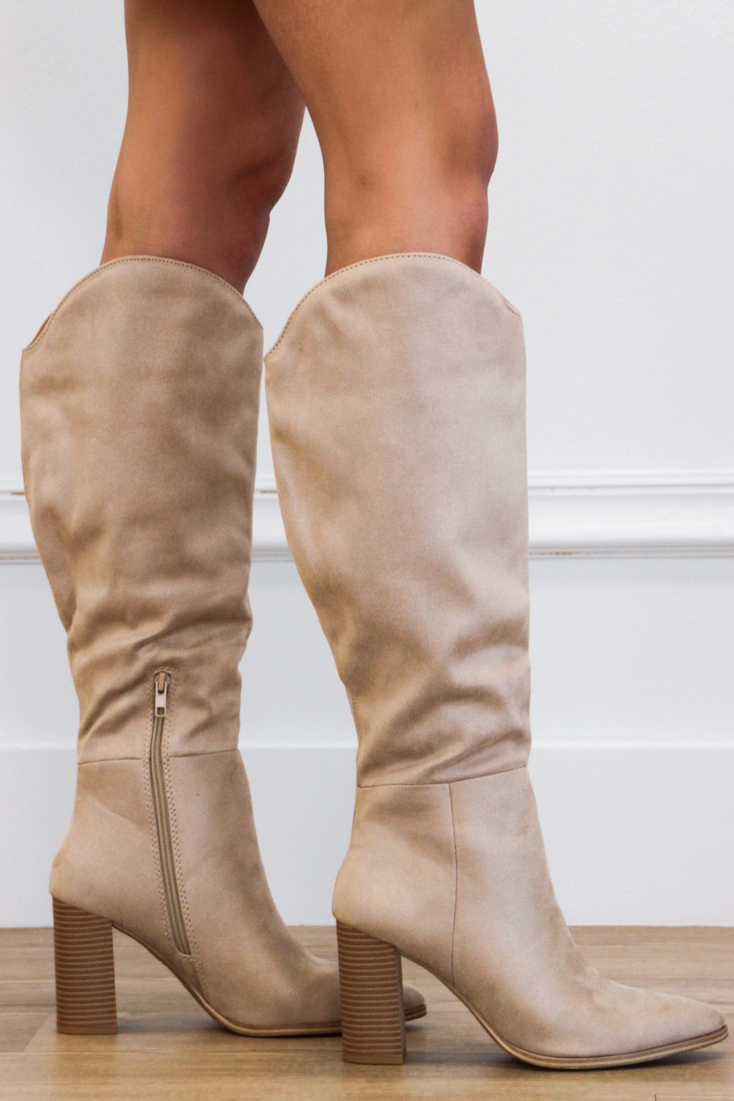 Fallal Suede Knee High Block Heel Boots: Clay Beige