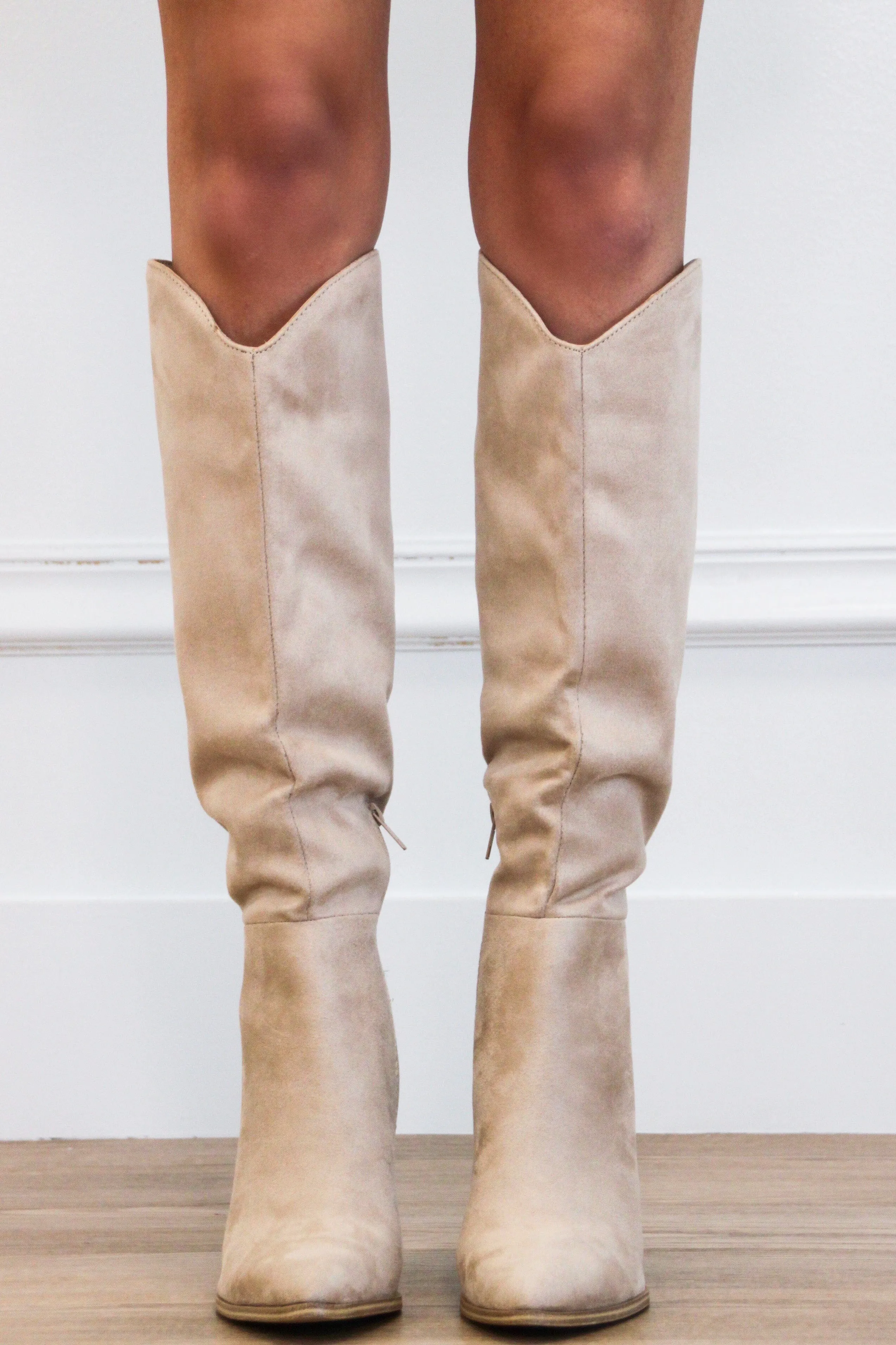 Fallal Suede Knee High Block Heel Boots: Clay Beige
