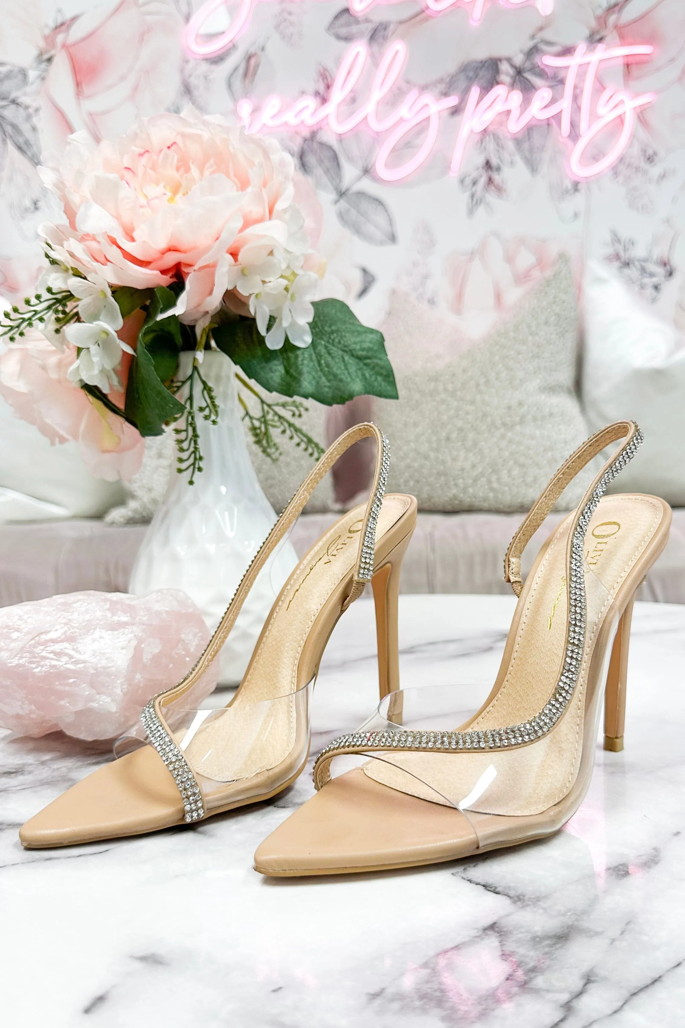 Jolly Embellished Clear Heels: Nude