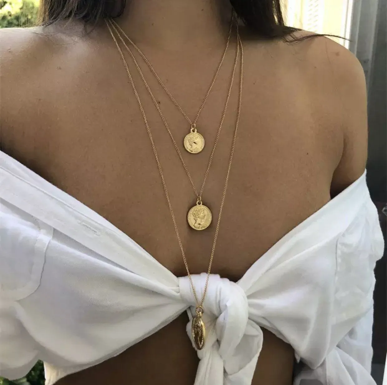Layered Three Coin Necklace: Gold