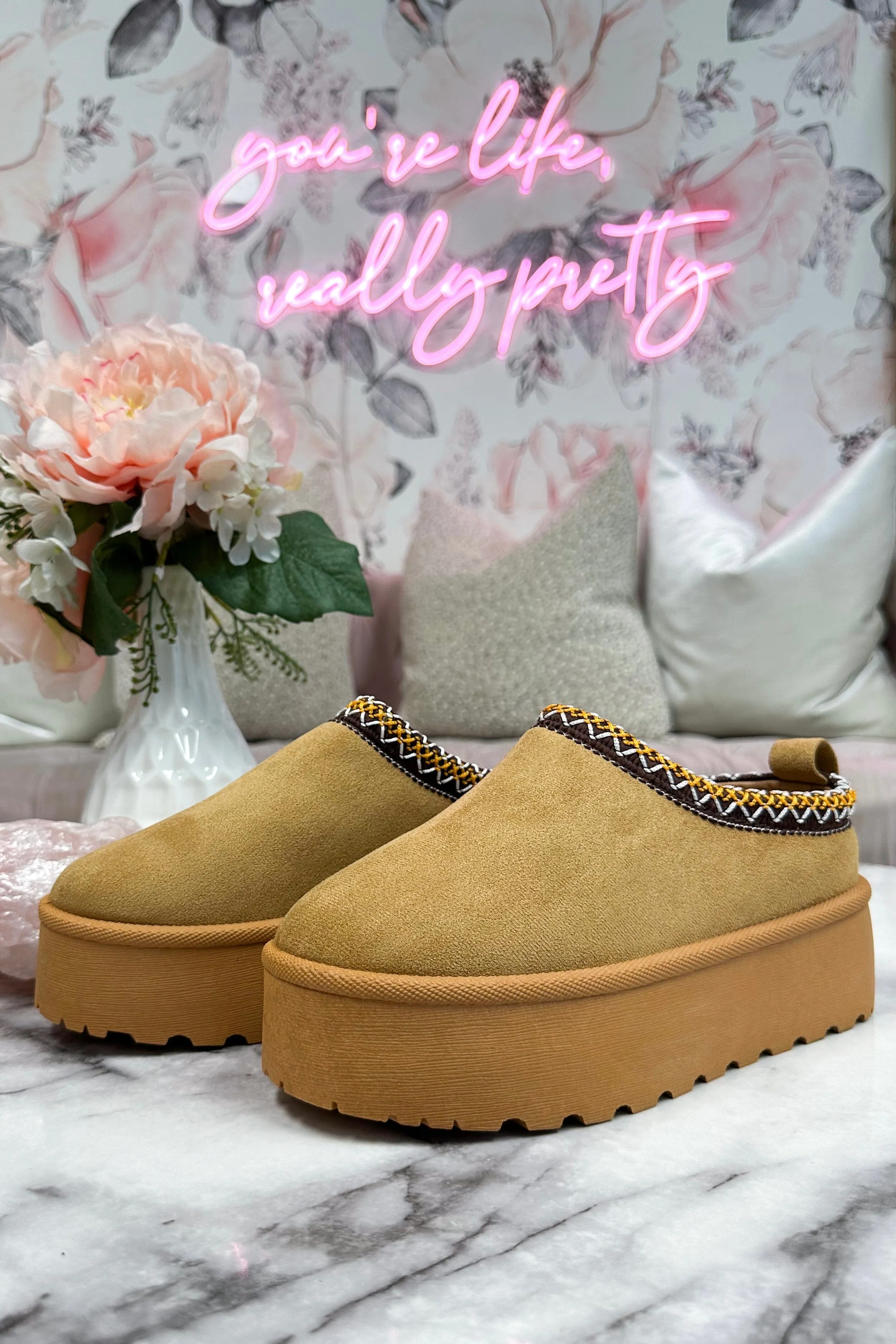 Moonie Stitched Fur Lined Platform Clog Slides: Camel